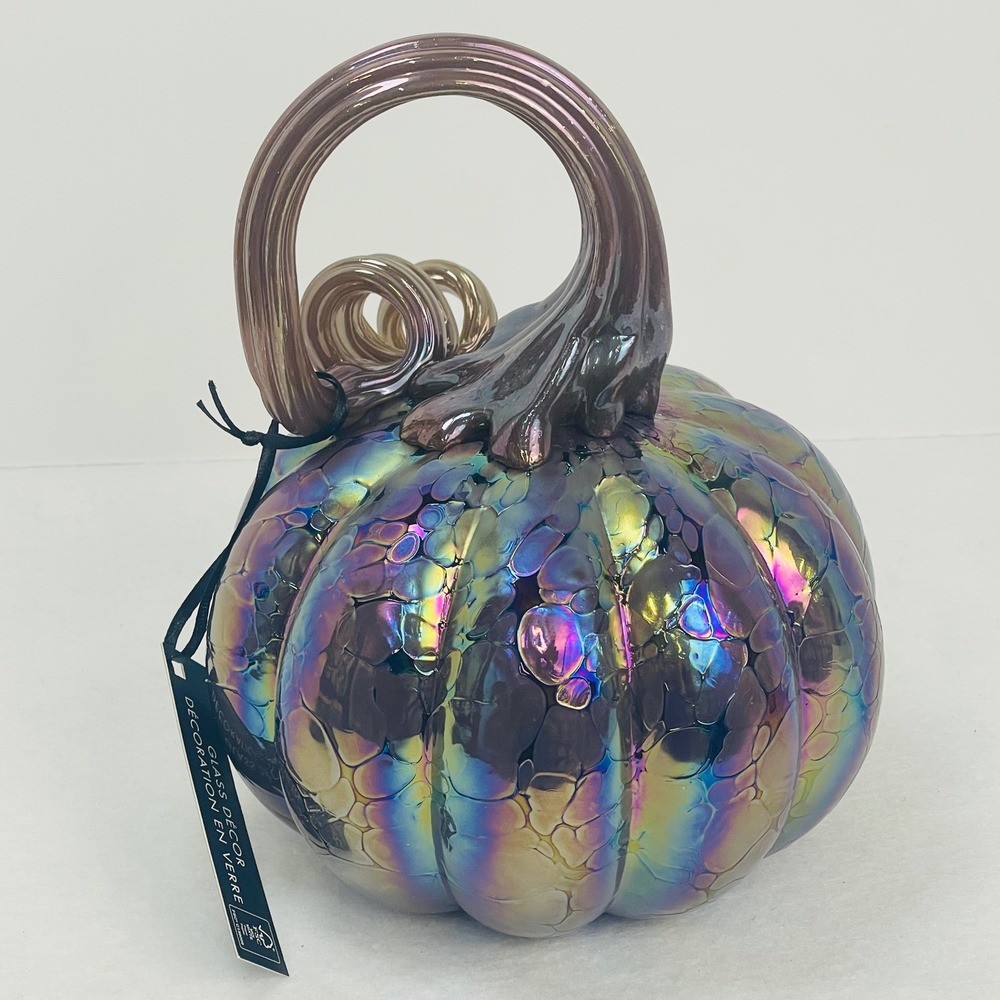 Tahari Home Iridescent Glass Pumpkin Oil Slick Rainbow Bubble Decor 7.5 Inch NEW - Picture 11 of 16